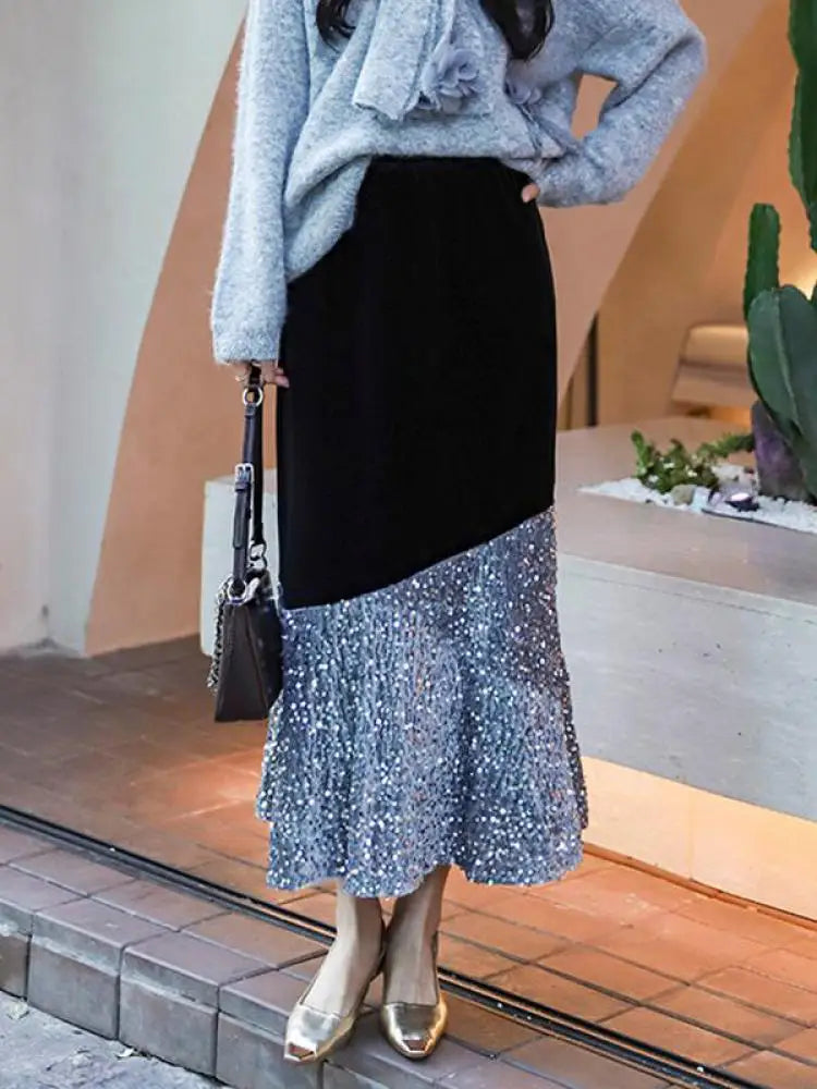 Autumn Winter French Vintage Sequin Patchwork Velvet Fishtail Long Skirts Women's 2024 Elegant High Waist Festival Skirt Street