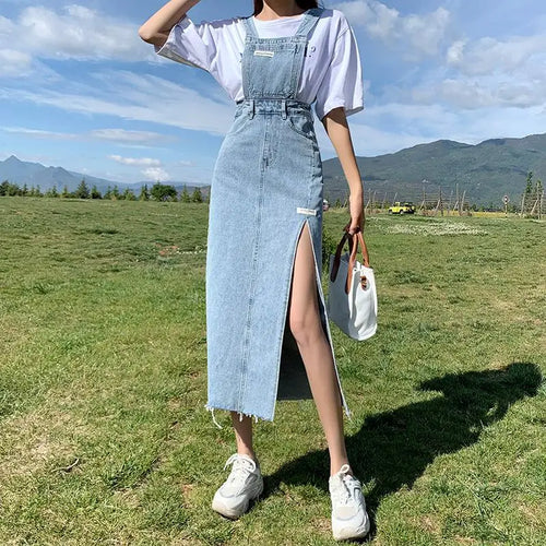 Load image into Gallery viewer, Casual Denim Dress Women Korean Style Solid Spaghetti Strap Dresses Pocket Streetwear Preppy Girl Student Dress Vestido Feminino

