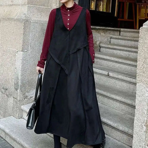 Load image into Gallery viewer, Women Black Irregular Spliced Big Size Long Strap Dress New V-Neck Sleeveless Fashion Tide Spring Autumn 2025 1DH7700

