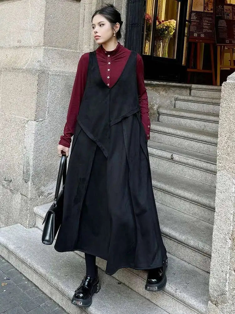 Women Black Irregular Spliced Big Size Long Strap Dress New V-Neck Sleeveless Fashion Tide Spring Autumn 2025 1DH7700