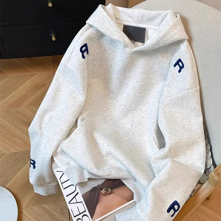 Y2k Women Gray Print Loose Hoodies Long Sleeve Sweatshirt Spring Autumn Blue Letter Embroidery Elegant Pocket Pullover Tops 2024