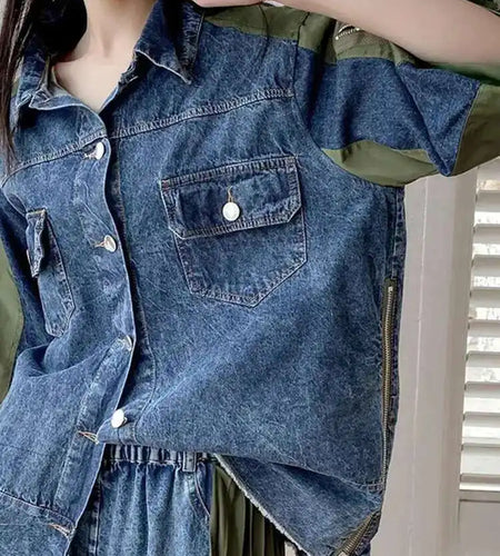 Army Green Color-block Big Size Casual Jacket New Lapel Three-quarter Sleeve Women Coat Fashion Spring Autumn 2025 1DH5212