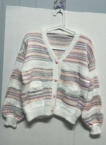 Load image into Gallery viewer, Rainbow Striped Cardigan Women Kawaii Heart Button Japanese Soft Sweet Knitted Sweater Coat Harajuku Y2k Kardigany
