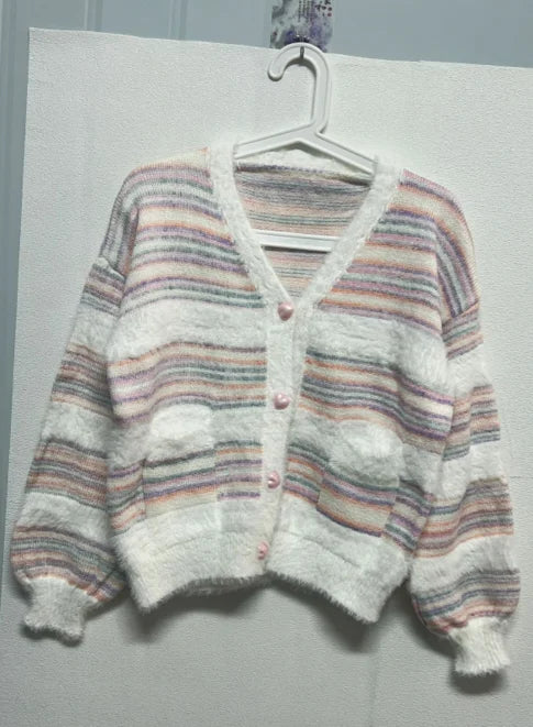 Rainbow Striped Cardigan Women Kawaii Heart Button Japanese Soft Sweet Knitted Sweater Coat Harajuku Y2k Kardigany