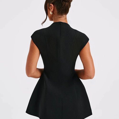 Load image into Gallery viewer, Black Sleeveless Sexy Mini Dress For Women Fashion Zipper Deep V Neck Two Pocket A-line Night Club Party Dress Elegant
