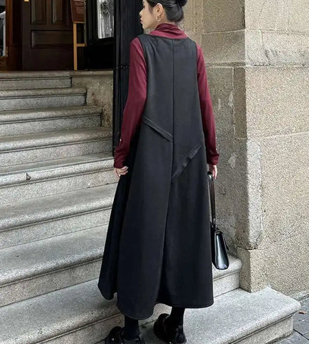 Women Black Irregular Spliced Big Size Long Strap Dress New V-Neck Sleeveless Fashion Tide Spring Autumn 2025 1DH7700