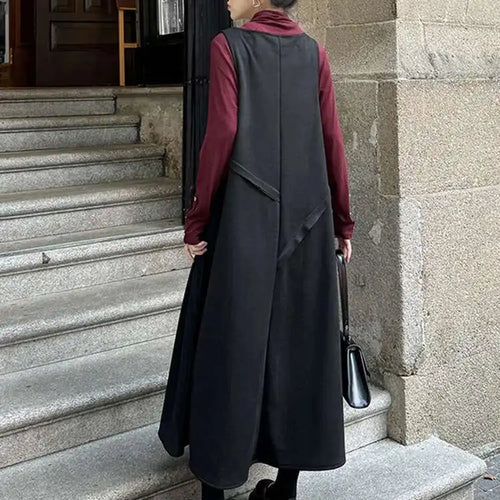 Load image into Gallery viewer, Women Black Irregular Spliced Big Size Long Strap Dress New V-Neck Sleeveless Fashion Tide Spring Autumn 2025 1DH7700
