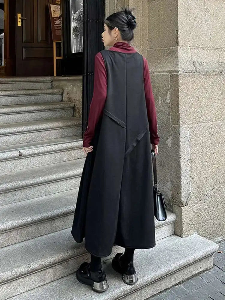 Women Black Irregular Spliced Big Size Long Strap Dress New V-Neck Sleeveless Fashion Tide Spring Autumn 2025 1DH7700