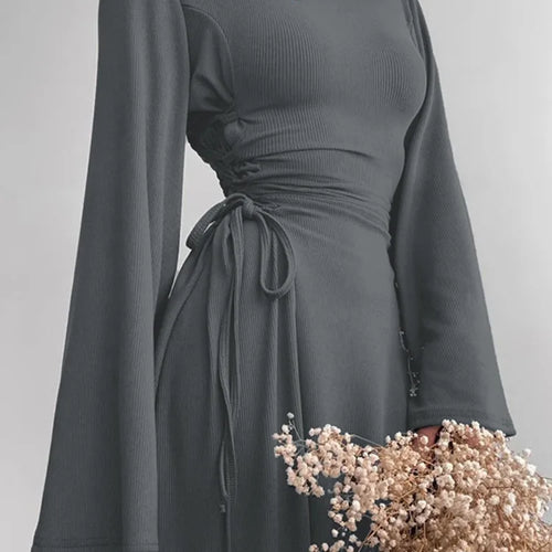 Load image into Gallery viewer, Ribbed Bandage Sexy Maxi Dress For Women Solid Lace-up O Neck Long Sleeve High Waist Elegant Long Dress Fashion
