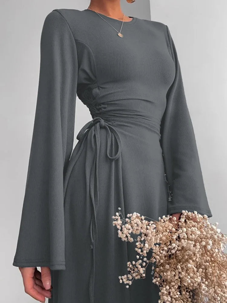 Ribbed Bandage Sexy Maxi Dress For Women Solid Lace-up O Neck Long Sleeve High Waist Elegant Long Dress Fashion