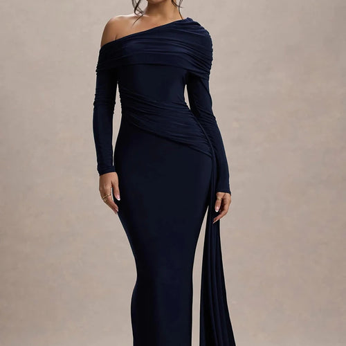 Load image into Gallery viewer, Skew Collar Long Sleeve Sexy Maxi Dress For Women Gown Fashion Backless Draped Ruched Bodycon Club Long Dress Elegant
