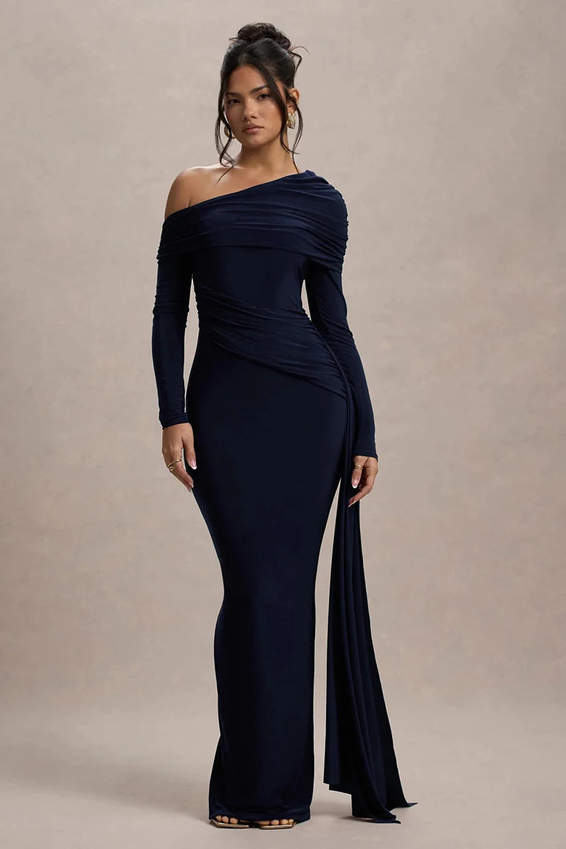 Skew Collar Long Sleeve Sexy Maxi Dress For Women Gown Fashion Backless Draped Ruched Bodycon Club Long Dress Elegant