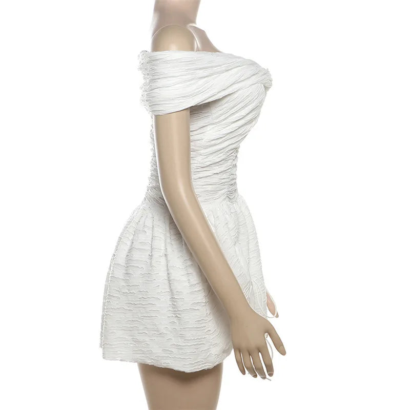 Sexy Off-shoulder Sleeveless Pleated A-line Mini Dress For Women Patchwork Slim Fit Summer Robe High Waist Party Dress