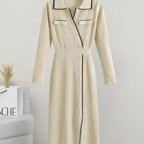 Load image into Gallery viewer, Korean Fashion 2024 Autumn Winter New Office Ladies Patchwork Elegant Long Sleeve Knitted Dress Women Slim Button Dresses Trendy

