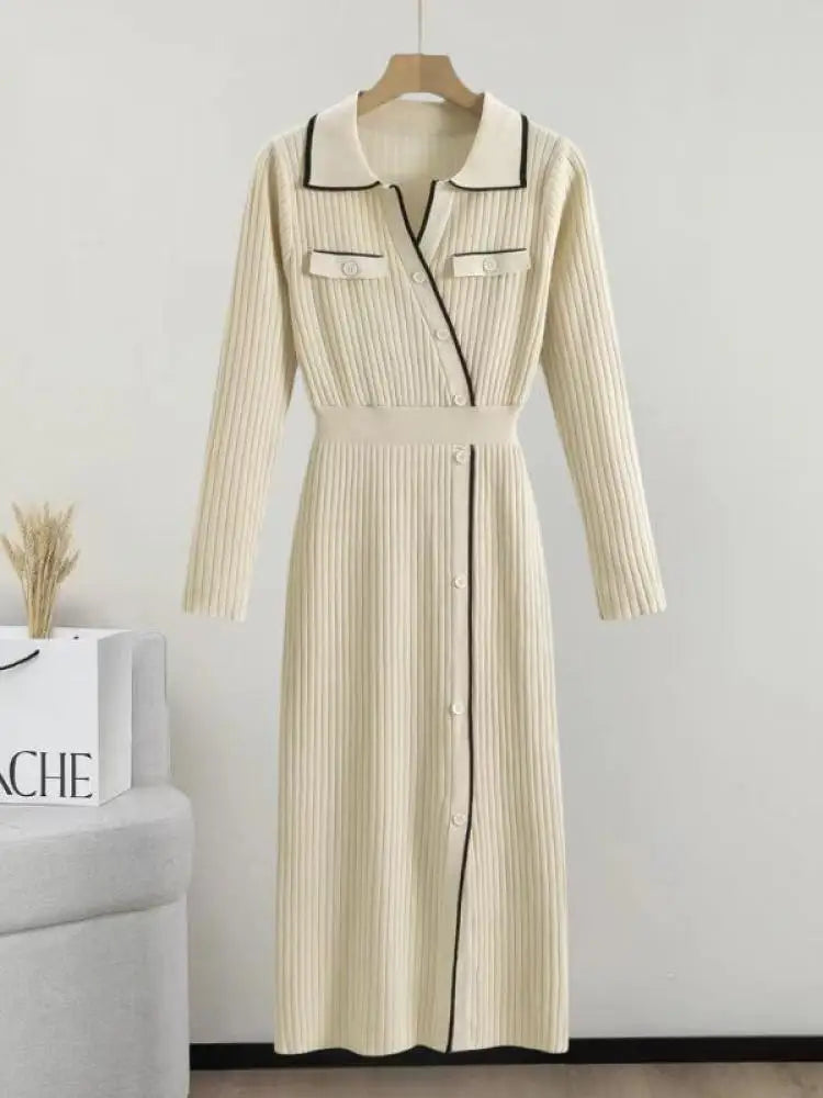 Korean Fashion 2024 Autumn Winter New Office Ladies Patchwork Elegant Long Sleeve Knitted Dress Women Slim Button Dresses Trendy