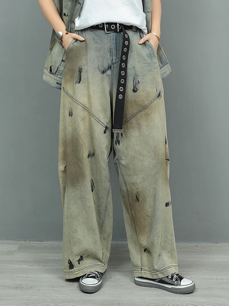Big Size Denim Vest Wide Leg Pants Two Piece Suit New Round Neck Sleeveless Women Fashion Tide Spring Autumn 2025 1DJ0966