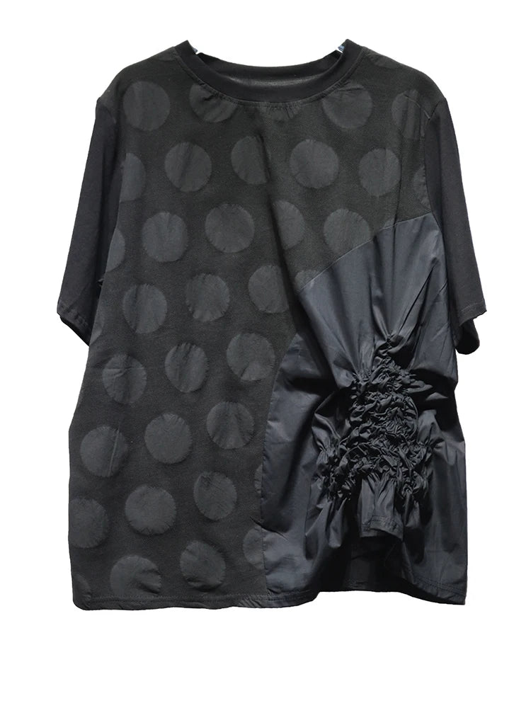 Women Black Dot Jacquard Pleated Big Size T-shirt New Round Neck Short Sleeve Fashion Tide Spring Summer 2025 1DJ1343