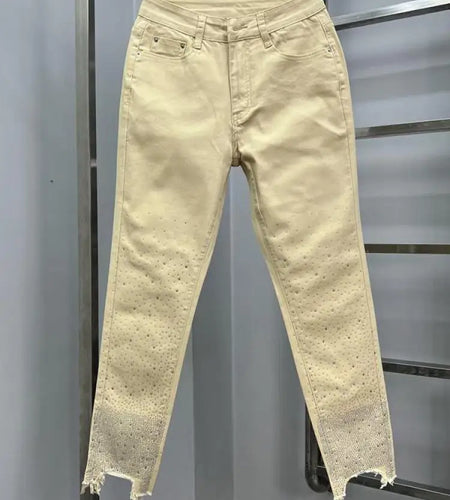 Korean Vintage 2024 Women Yellow Diamond Denim Ankle-length Trousers Autumn High Waist Versatile Small Leg Jean Pant Streetwear