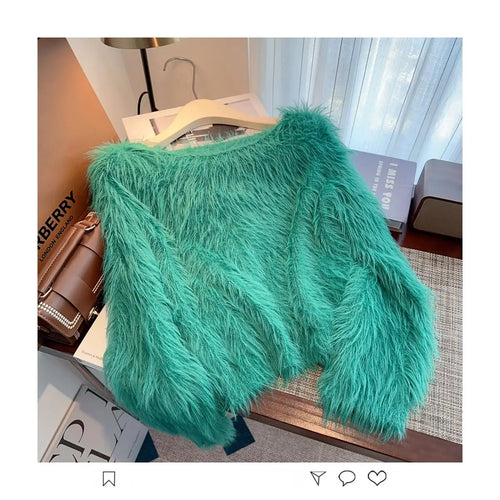 Load image into Gallery viewer, Autumn Winter Solid Knitting Mink Crop Top Women Long Sleeve Round Neck Pullover Casual Crochet Sweater French Fashion Thick New
