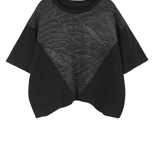 Load image into Gallery viewer, Women Black Pleated Spliced Big Size Irregular T-shirt New Round Neck Short Sleeve Fashion Tide Spring Summer 2025 1DH5857
