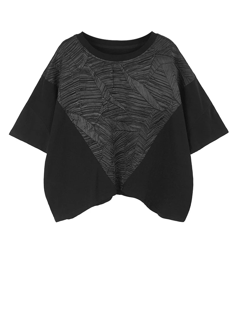Women Black Pleated Spliced Big Size Irregular T-shirt New Round Neck Short Sleeve Fashion Tide Spring Summer 2025 1DH5857