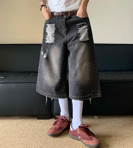 American Style Summer Loose Washed Worn-out Male Pants Straight Leg Men's Denim Shorts Gradient Color Casual 24E1082