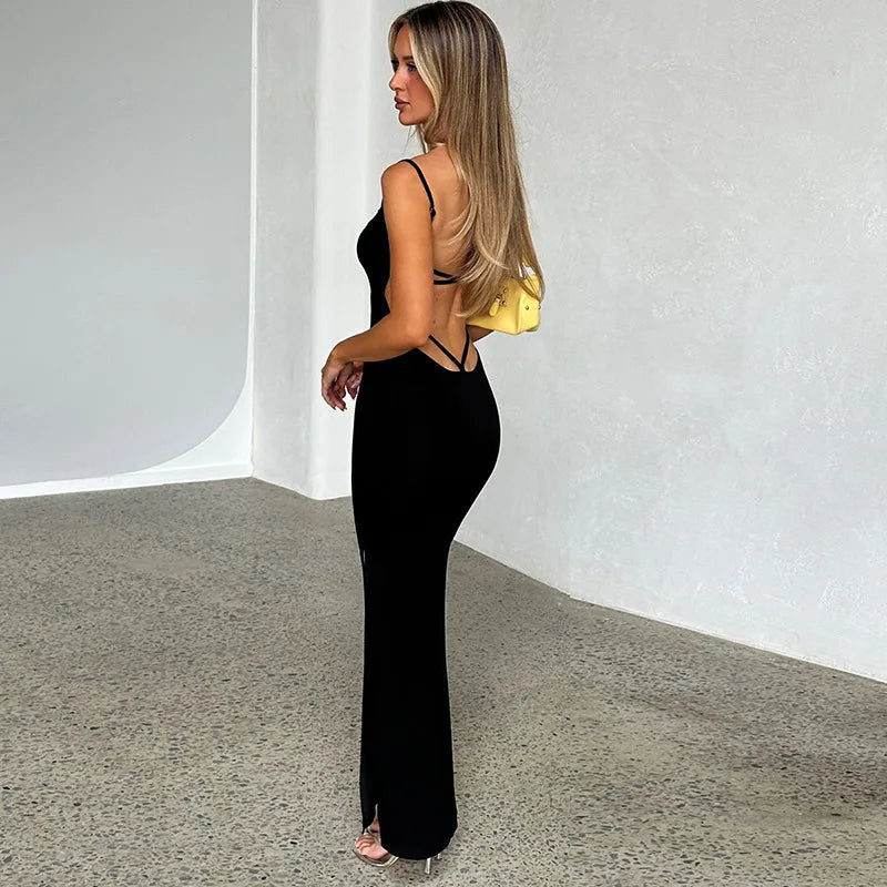 Spaghetti Strap Backless Sexy Maxi Dress For Women Fashion Lace-up Sleeveless Bodycon Club Party Back Slit Long Dress