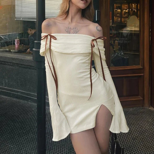 Load image into Gallery viewer, Bow Off Shoulder Long Sleeve Split Mini Dress Women Clothing Fashion 2024 Autumn Dresses P70-CC30
