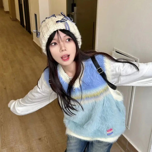 Load image into Gallery viewer, 2025 Japanese Sleeveless Sweater Vest Casual Vintage Pullovers Y2k Aesthetic Women Streetwear Grunge Striped Knitwear Waistcoat
