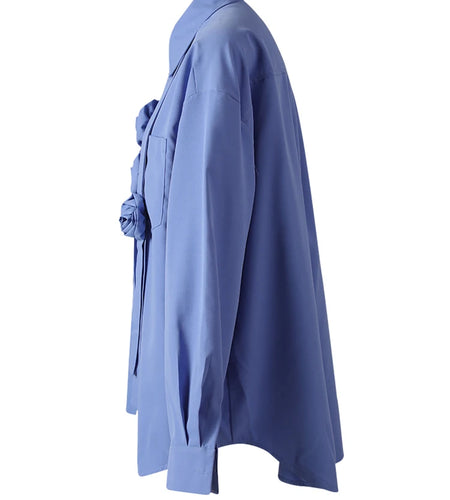 Women Blue Ribbon 3d Flower Big Size Elegant Blouse New Lapel Long Sleeve Shirt Fashion Tide Spring Autumn 2025 CPG3113