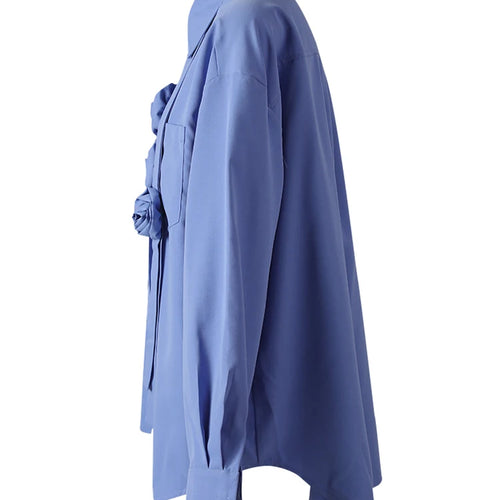 Load image into Gallery viewer, Women Blue Ribbon 3d Flower Big Size Elegant Blouse New Lapel Long Sleeve Shirt Fashion Tide Spring Autumn 2025 CPG3113
