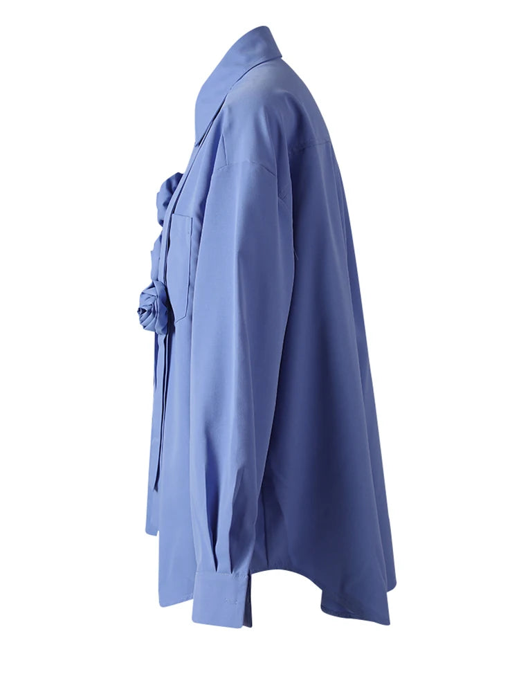 Women Blue Ribbon 3d Flower Big Size Elegant Blouse New Lapel Long Sleeve Shirt Fashion Tide Spring Autumn 2025 CPG3113