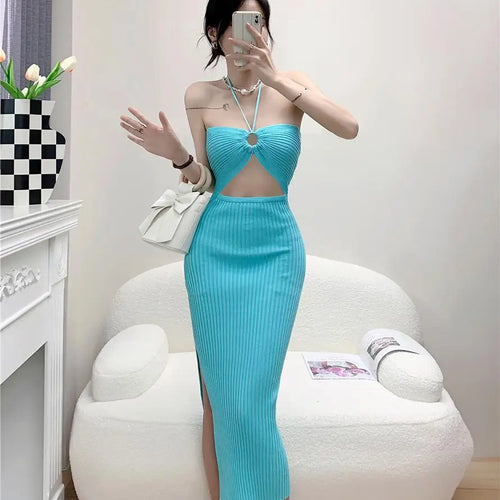 Load image into Gallery viewer, Women's Solid Elegant Sexy Club Slim Hollow Out Halter Lace-up Split Long Dress Summer Vacation Backless Knitted Party Dress
