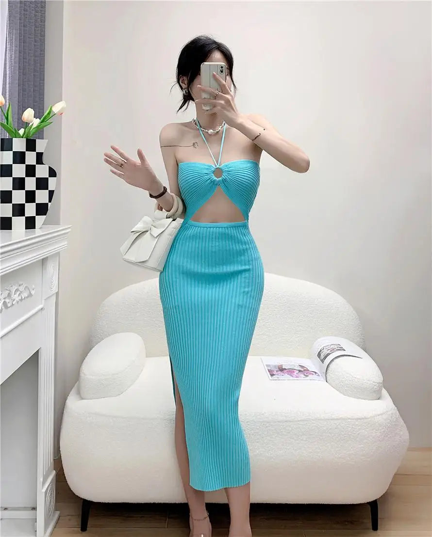 Women's Solid Elegant Sexy Club Slim Hollow Out Halter Lace-up Split Long Dress Summer Vacation Backless Knitted Party Dress