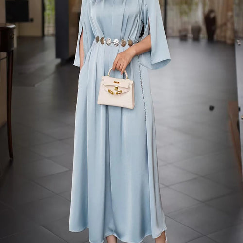 Load image into Gallery viewer, Solid Spliced Belt Loose Dresses For Women V Neck Short Sleeve High Waist Temperament Dress Female Fashion Style
