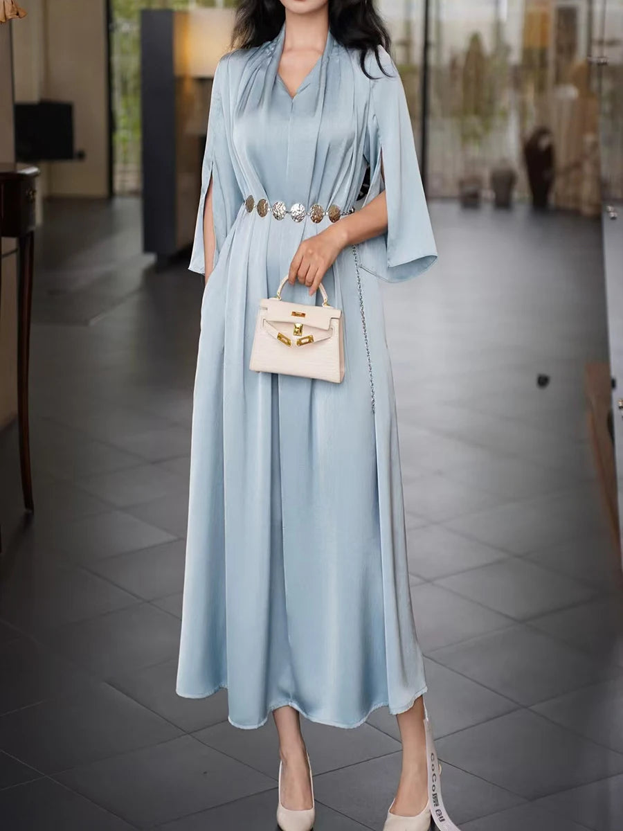 Solid Spliced Belt Loose Dresses For Women V Neck Short Sleeve High Waist Temperament Dress Female Fashion Style