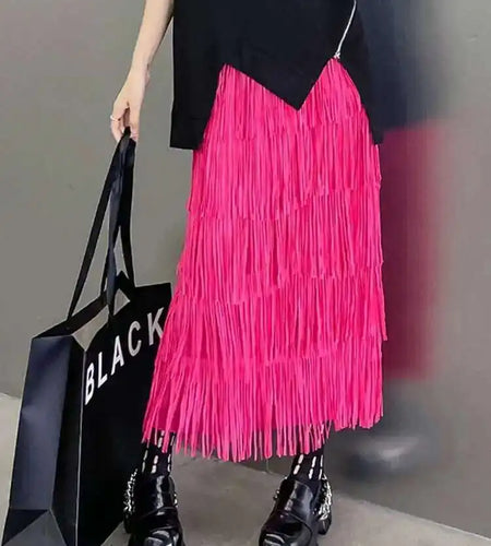 High Elastic Waist Red Pleated Tassels Long Elegant Half-body Skirt Women Fashion Tide New Spring Autumn 2025 1DF8296
