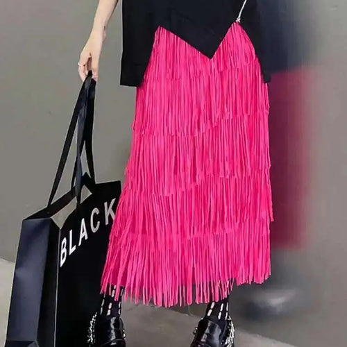 Load image into Gallery viewer, High Elastic Waist Red Pleated Tassels Long Elegant Half-body Skirt Women Fashion Tide New Spring Autumn 2025 1DF8296
