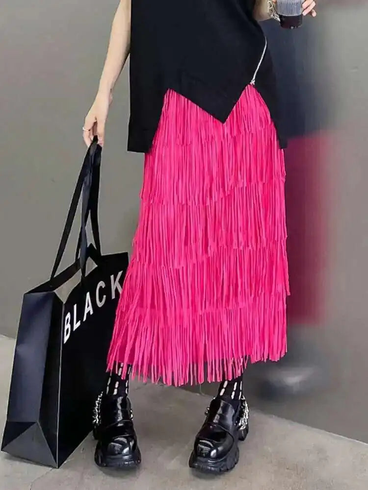 High Elastic Waist Red Pleated Tassels Long Elegant Half-body Skirt Women Fashion Tide New Spring Autumn 2025 1DF8296