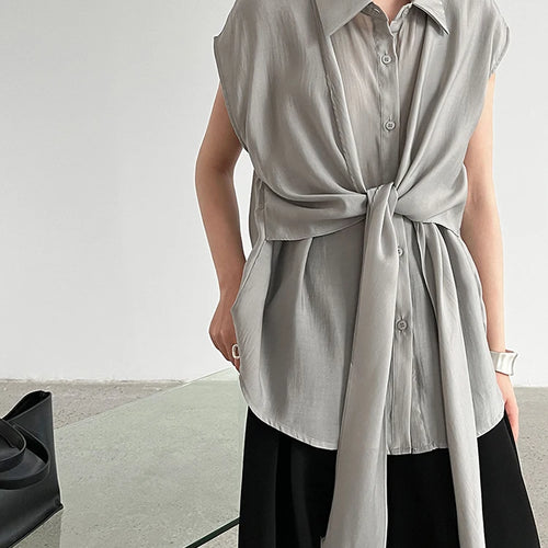 Load image into Gallery viewer, Women Yellow Bandage Thin Big Size Elegant Blouse New Lapel Sleeveless Shirt Fashion Tide Spring Summer 2025 1DJ1300
