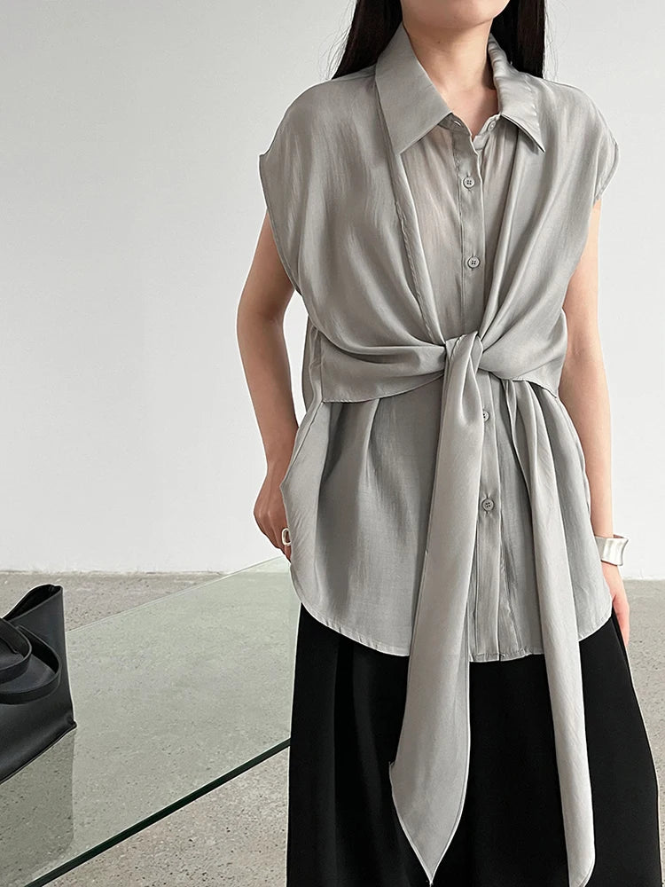 Women Yellow Bandage Thin Big Size Elegant Blouse New Lapel Sleeveless Shirt Fashion Tide Spring Summer 2025 1DJ1300