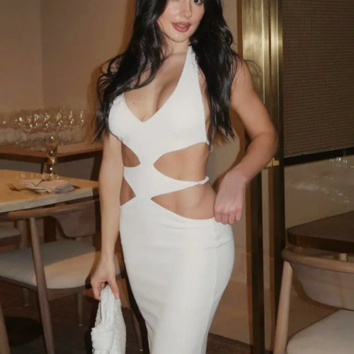 Load image into Gallery viewer, Elegant Hanging Neck Hollow Out Tight Long Dress For Women 2024 Summer New Sexy Backless Dress Party Club Evening Dress
