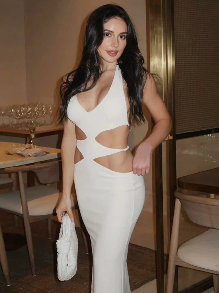 Elegant Hanging Neck Hollow Out Tight Long Dress For Women 2024 Summer New Sexy Backless Dress Party Club Evening Dress