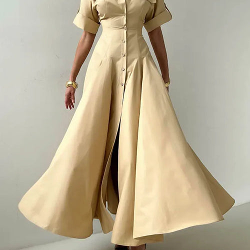 Load image into Gallery viewer, Summer Autumn khaki Shirts Maxi Dresses for Woman 2025 New Lapel Neck Buttoned Elegant Vintage A-line Long Dress Women
