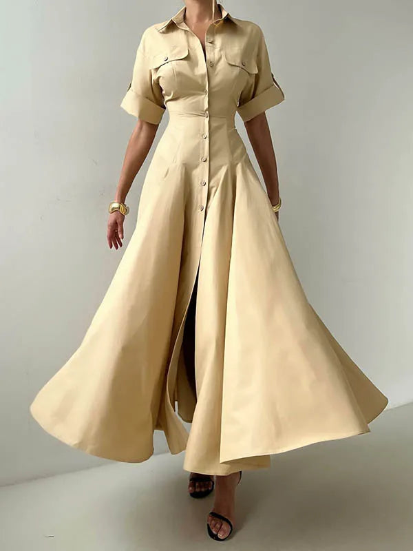 Summer Autumn khaki Shirts Maxi Dresses for Woman 2025 New Lapel Neck Buttoned Elegant Vintage A-line Long Dress Women