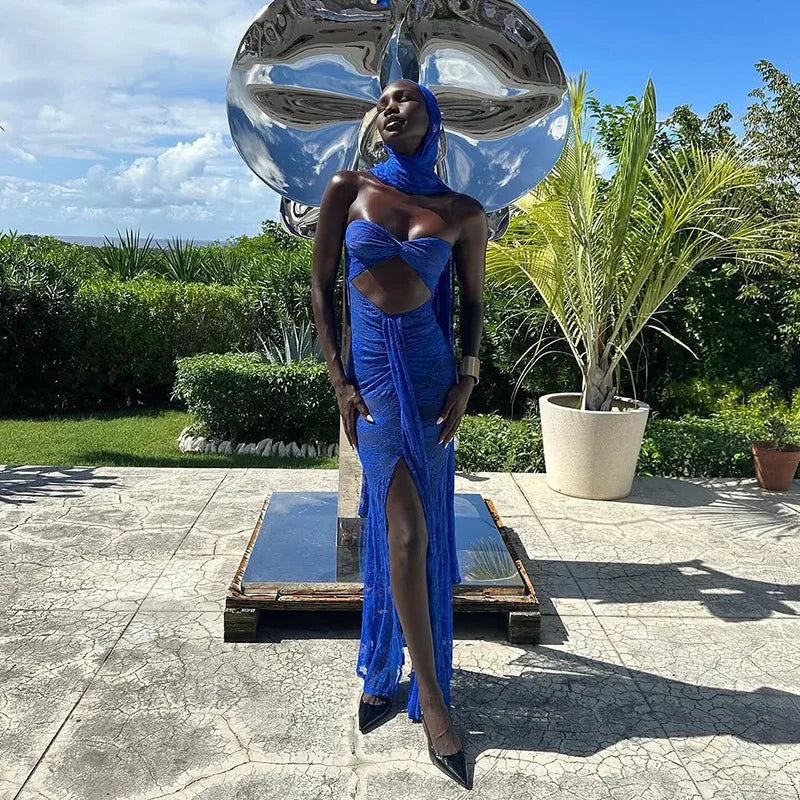 Lace See Through Strapless Sexy Maxi Dress For Women Gown Halter Hollow Out Sleeveless Backless High Split Long Dress