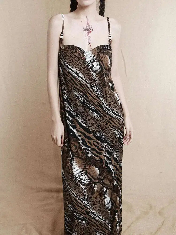 Women Coffee Leopard Printed Long Spaghetti Strap Dress New Square Collar Sleeveless Fashion Spring Autumn 2025 1DH8446