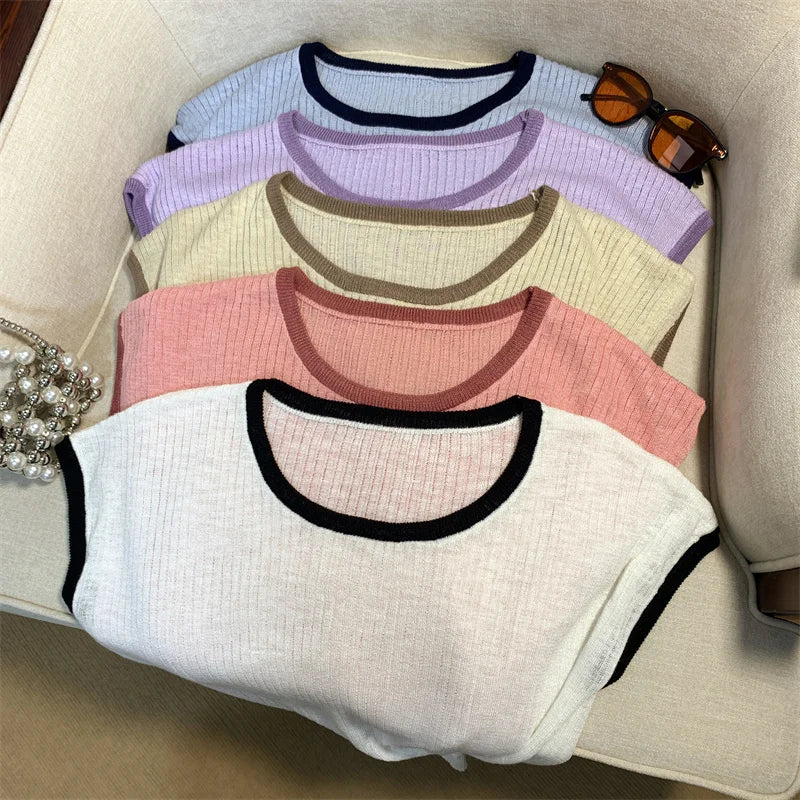 Women Summer Round Neck Patchwork Short Sleeves Knit T-shirt Fashion Festival Casual Ladies Street Button Design Top Popular New
