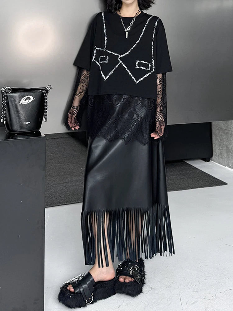 Women Black Pattern Lace Perspective Big Size T-shirt New Round Neck Long Sleeve Fashion Tide Spring Autumn 2025 1DJ0793