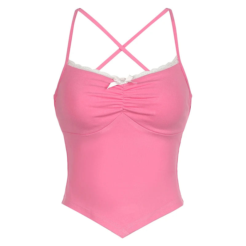 Hotsweet Pink Folds Bow Summer Crop Tops Mini Skinny Korean Style Lace Trim Backless Coquette Clothes Cute Camisole